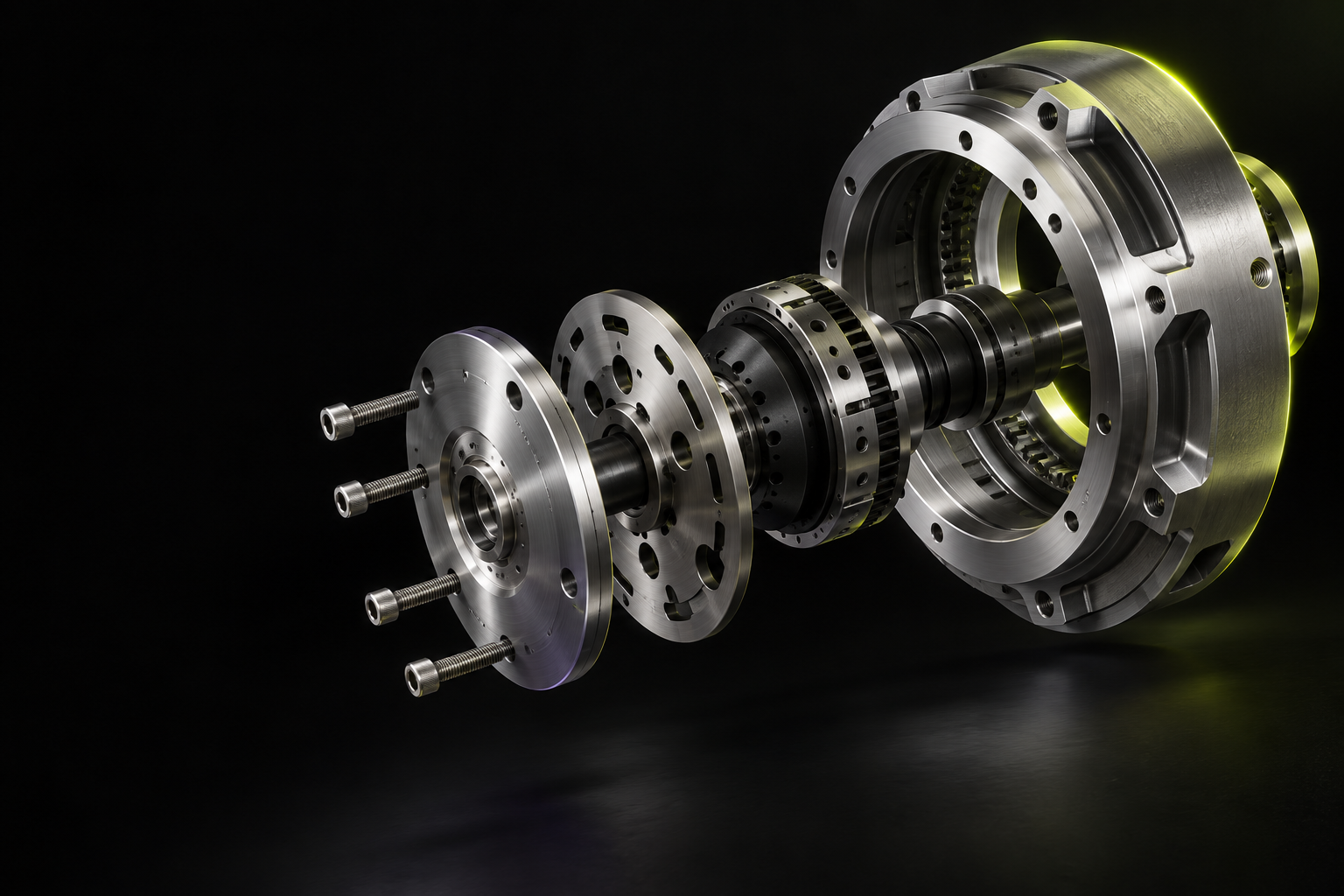 Illustrative exploded view of a precision-machined metal assembly