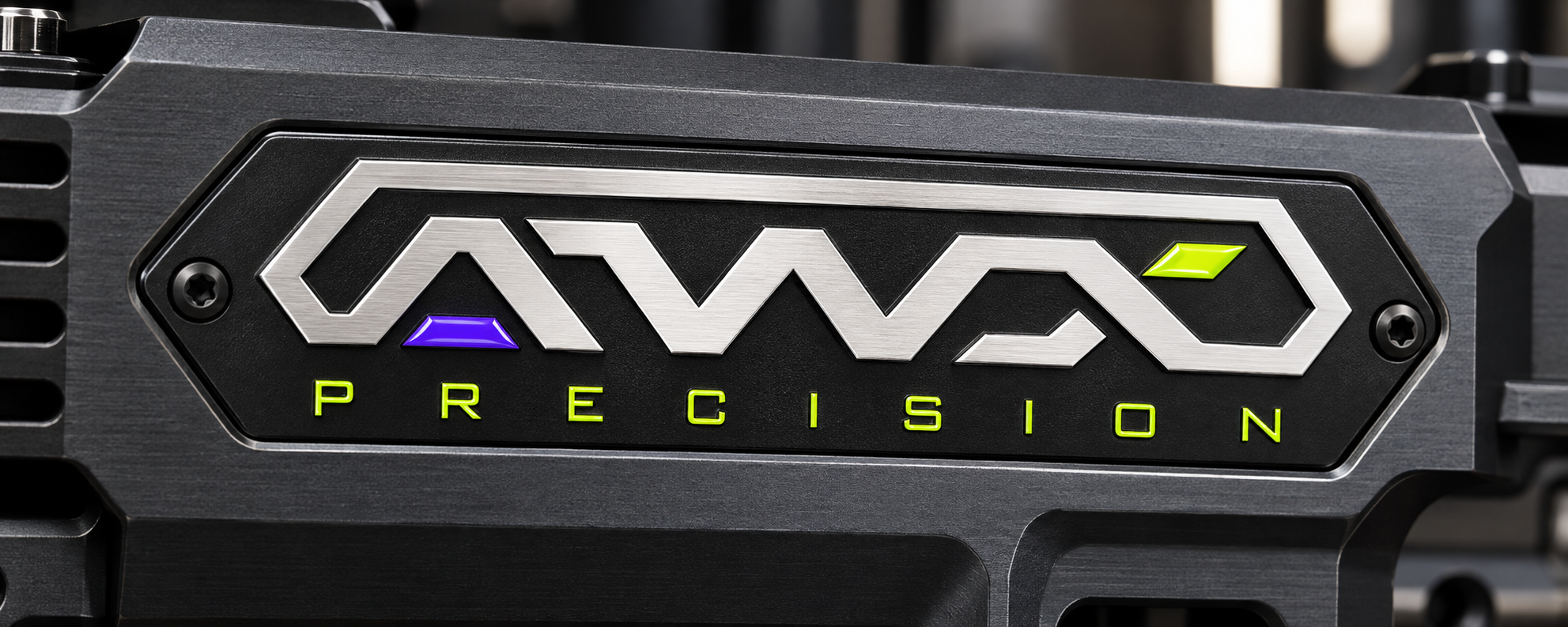 AWX Precision brand concept rendered as a machined metal badge with volt and purple accents